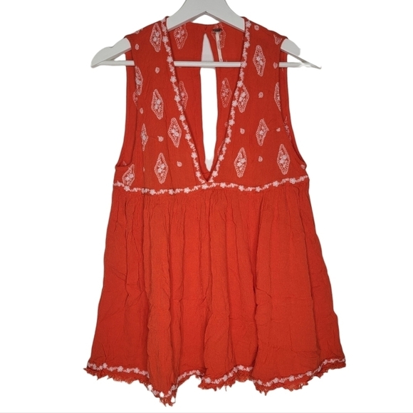 FREE PEOPLE Top Diamond Embroidered Sleeveless Deep V Neck Raw Swing Hem Orange - Picture 2 of 13